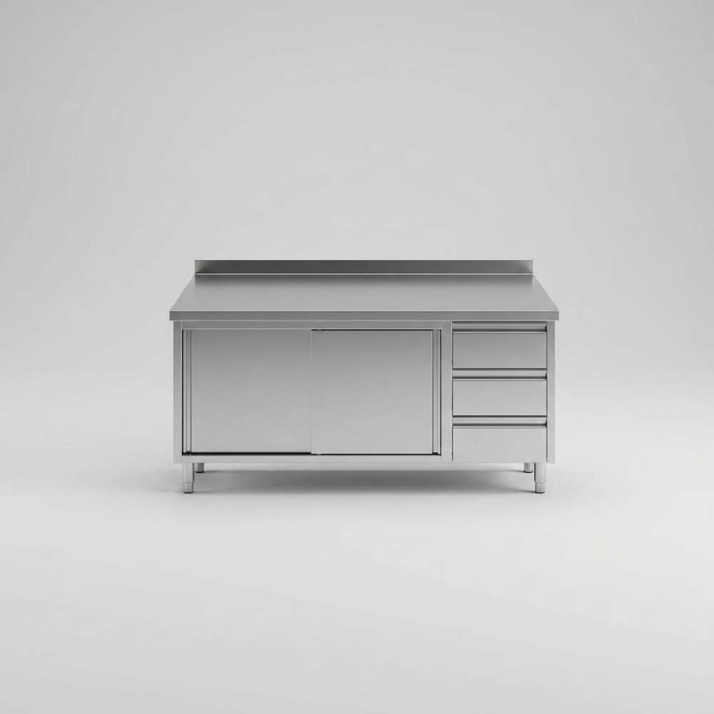 700 Arbeitstisch mit Schiebetüren, Schubladen und Aufkantung 1800 mm